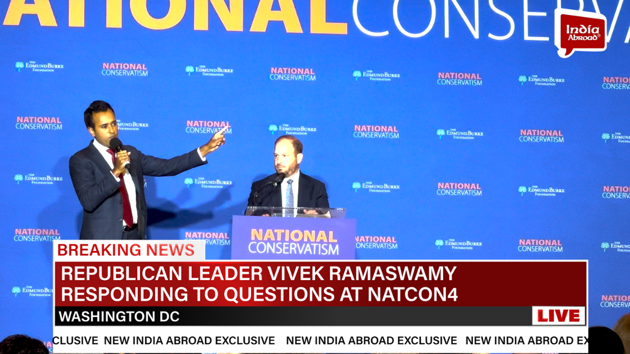 Republican leader Vivek Ramaswamy responding to questions at NATCON4